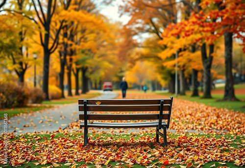 A scenic walking trail lined with trees showcasing their autumn foliage leads the viewer's eye into the distance. 