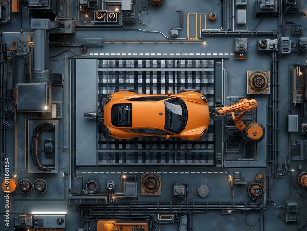 Orange car above robotic assembly line Orange car above robotic assembly line