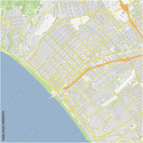 Map of Santa Monica in California in a normal road map style. Contains layered vector with roads water, parks, etc.