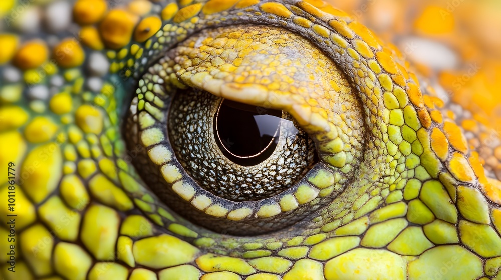 Fototapeta premium Close-up of a reptile’s eye with a green and yellow iris, capturing the intricate details and textures of the animal's gaze.
