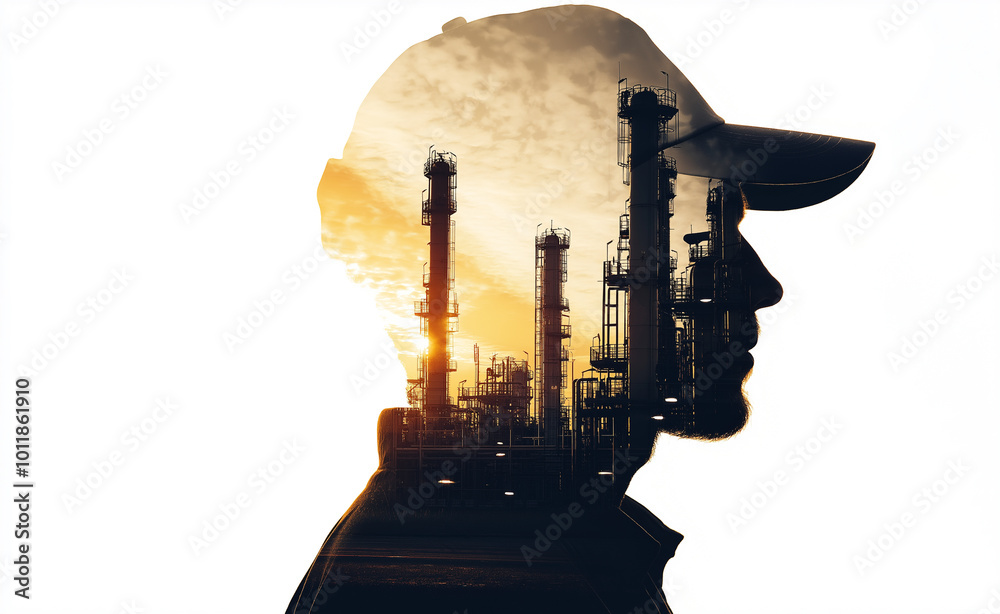 Double exposure of a man's silhouette overlaid with an industrial refinery scene at sunset, symbolizing industry and human connection. Double exposure of a man's silhouette overlaid with an industrial refinery scene at sunset, symbolizing industry and human connection.
