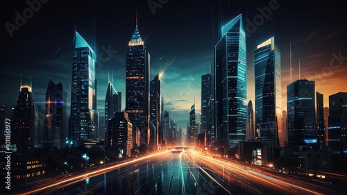 A futuristic city skyline with glowing skyscrapers and a highway with speeding cars.