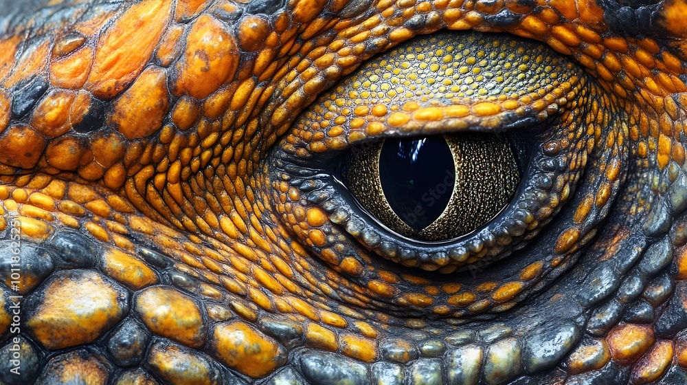 Fototapeta premium Close-up of a reptile's eye with detailed texture, capturing the intricate scales and vibrant colors in an intense gaze.