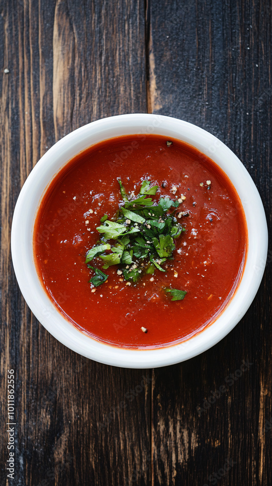 White bowl of tomato soup garnished with parsley and pepper sitting on rustic wooden table White bowl of tomato soup garnished with parsley and pepper sitting on rustic wooden table