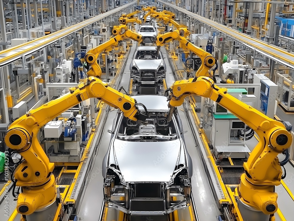 Robotic arms in car manufacturing plant. Robotic arms in car manufacturing plant.