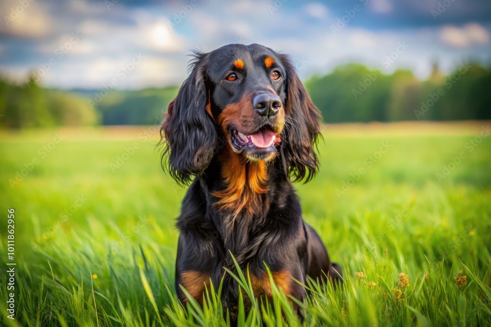 Beautiful Gordon Setter in a lush green field, showcasing its elegant coat and playful demeanor Beautiful Gordon Setter in a lush green field, showcasing its elegant coat and playful demeanor