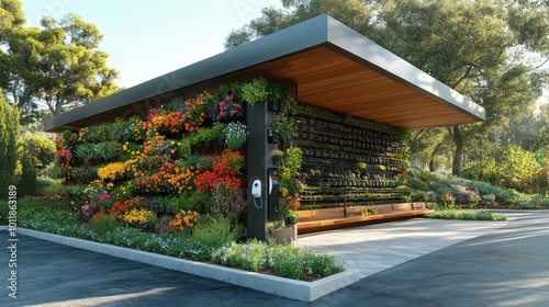 Creative Modern Sustainable Charging Station with Vertical Garden and Green Roof in Sunlit Park.