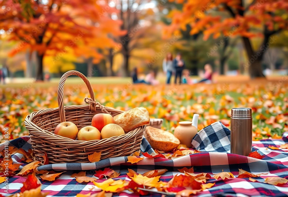 A picturesque autumn picnic scene is set on a checkered blanket laid on vibrant fallen leaves. A picturesque autumn picnic scene is set on a checkered blanket laid on vibrant fallen leaves.