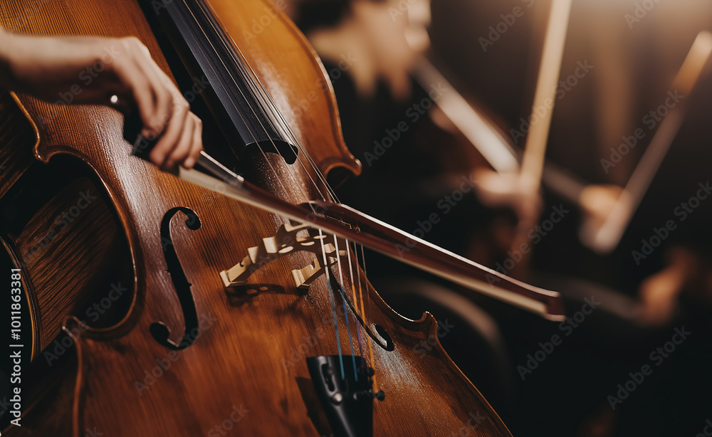 Fototapeta premium A close-up of a cellist playing the cello during a live orchestral performance.