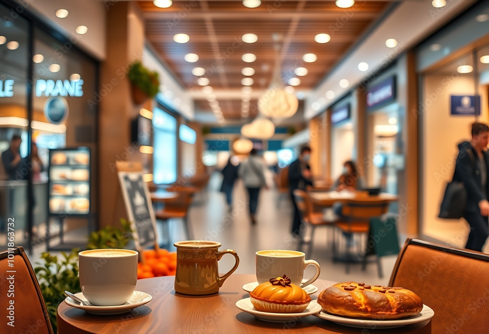 A cozy corner of a shopping mall café is depicted, with warm lighting illuminating a table set with pumpkin spice lattes and autumn pastries. A cozy corner of a shopping mall café is depicted, with warm lighting illuminating a table set with pumpkin spice lattes and autumn pastries.