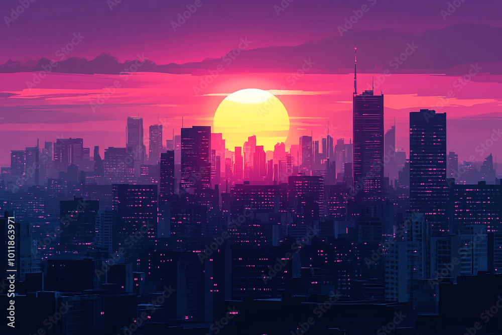 Fototapeta premium Minimalist Vector Art of a Cityscape at Sunset with Soft Hues and Clean Lines