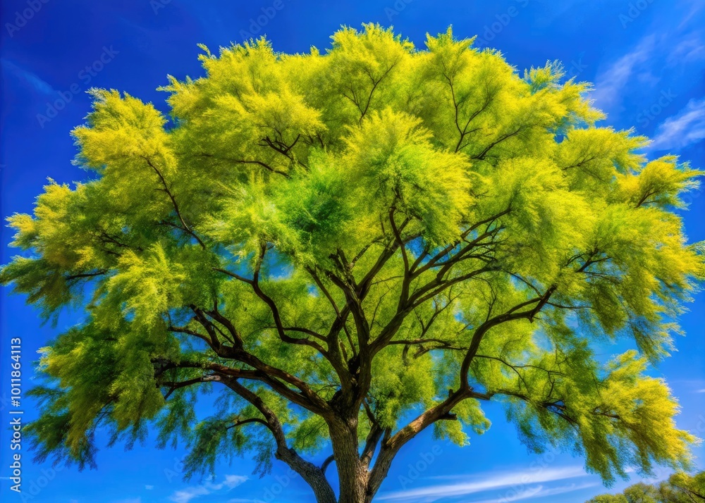 Beautiful Honey Mesquite Tree with Vibrant Green Leaves Against a Clear Blue Sky in Nature Setting Beautiful Honey Mesquite Tree with Vibrant Green Leaves Against a Clear Blue Sky in Nature Setting