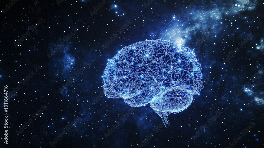 A glowing neural network brain floating in the vast expanse of space, symbolizing artificial intelligence. A glowing neural network brain floating in the vast expanse of space, symbolizing artificial intelligence.