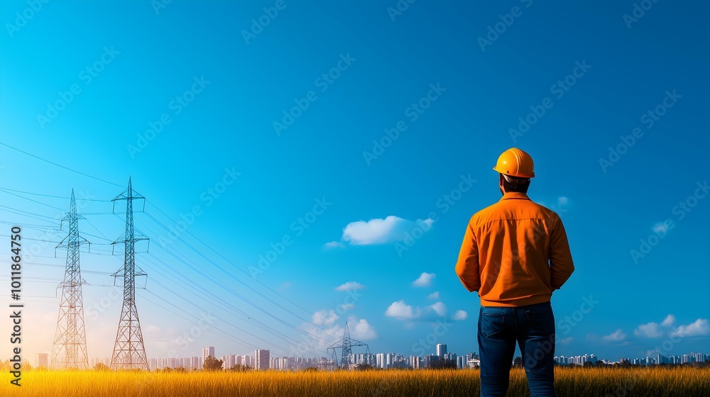 Naklejka premium Worker observing power lines in a field