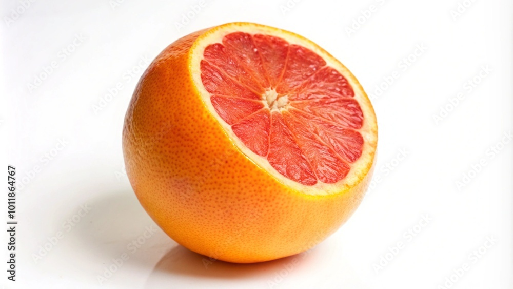 A halved pink grapefruit, with its juicy, red flesh exposed, rests on a white background. A halved pink grapefruit, with its juicy, red flesh exposed, rests on a white background.