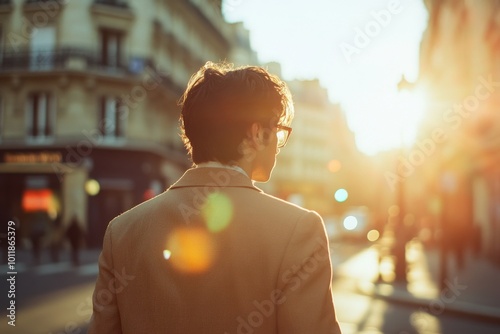 A man with dark hair and glasses, wearing an unbuttoned beige blazer, walks along the street The cityscape is blurred around him as he turns his head to look at something across the road Generative AI photo