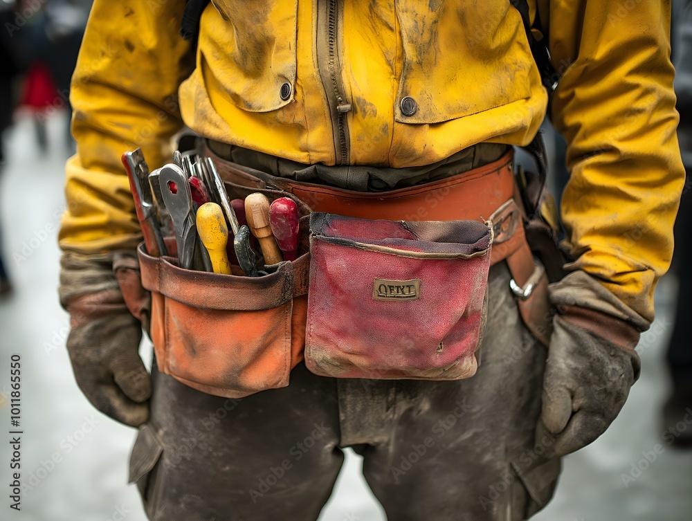 Worker with tool belt and equipment Worker with tool belt and equipment