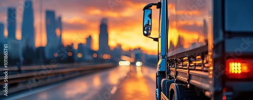 Truck on Highway at Sunset.