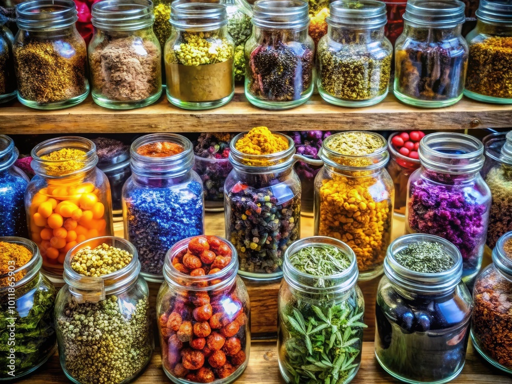 Beautifully arranged selection of herbal apothecary items including dried herbs and glass jars Beautifully arranged selection of herbal apothecary items including dried herbs and glass jars