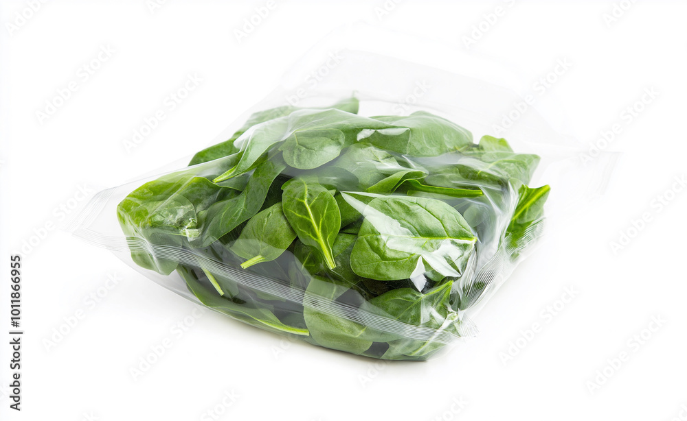 A vacuum-sealed bag of fresh spinach leaves on a dark background, ready for use.