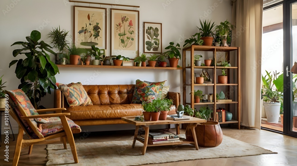 Fototapeta premium Charming retro living room adorned with an eclectic shelf full of plants, a wooden-framed artwork on a light wall, and tasteful decor items creating a vibrant indoor garden feel.