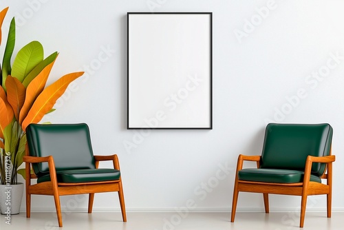 Two elegant wooden chairs with green cushions sit under a blank frame, complemented by a potted plant with large green leaves, creating a modern minimalist feel.