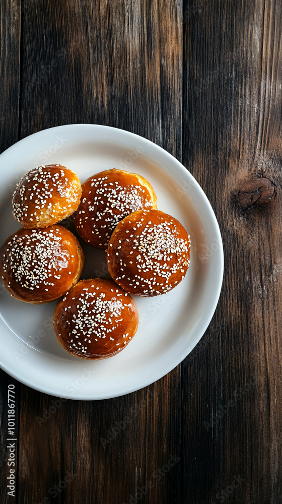 Sesame seed-covered burger buns, just out of the oven, sit on a white plate, ready to be served Sesame seed-covered burger buns, just out of the oven, sit on a white plate, ready to be served