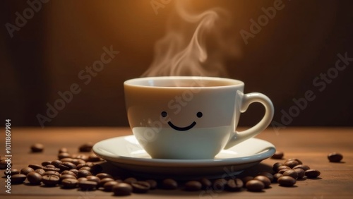 A cup of coffee smiles, there is steam.