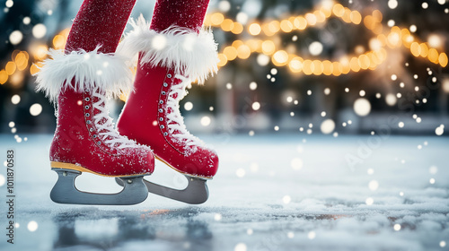 Close-up of red ice skates with fur lining, gliding on snowy ice with festive lights in the background.