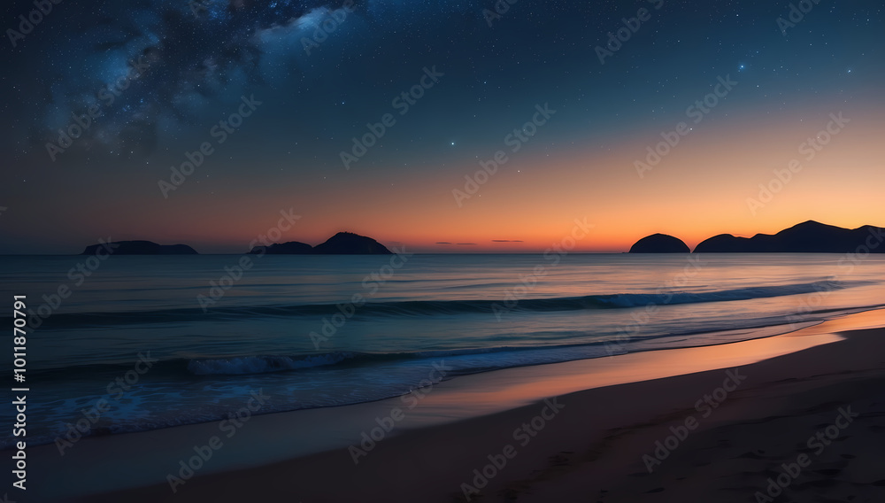 Serene Twilight Beach with Gentle Waves and Distant Islands Silhouette

