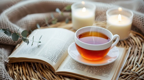 Cozy scene with an open book, a steaming cup of tea, and lit candles on a woven surface