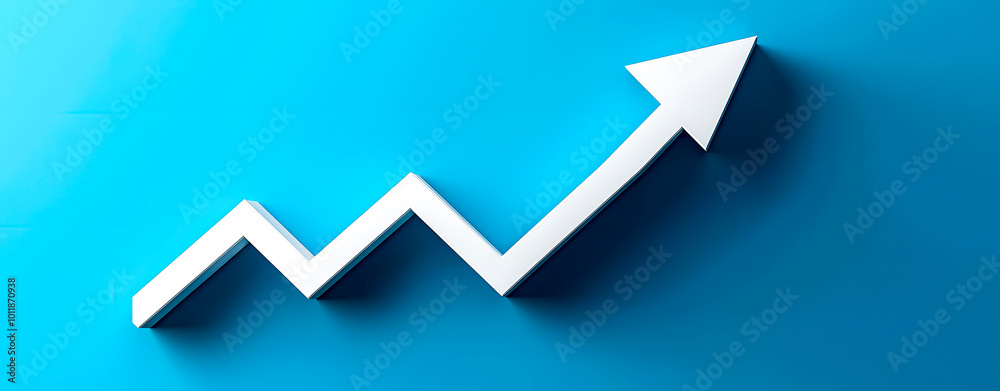 Growth, trend, economy. White arrow pointing upwards, on a blue background. Growth, trend, economy. White arrow pointing upwards, on a blue background.