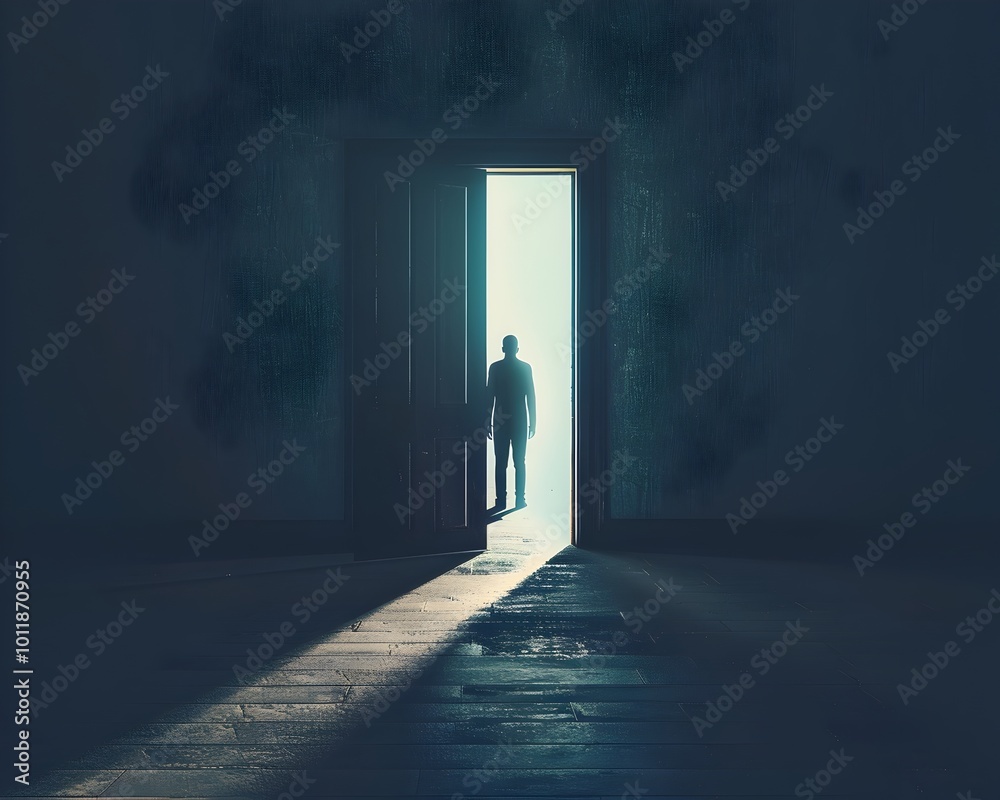 Shadowy Figure at a Solitary Doorway Symbolizing Exclusion and Rejection Shadowy Figure at a Solitary Doorway Symbolizing Exclusion and Rejection