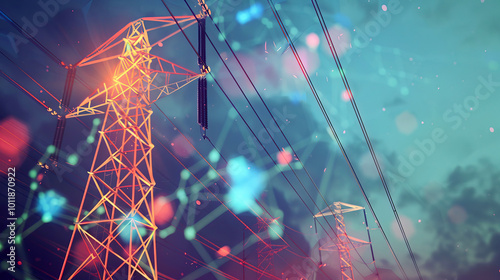 Abstract representation of power lines and electricity towers with a digital network overlay