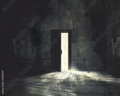 Closed Door with Shining Light and Shadowy Figure Symbolizing Exclusion and Disheartened Concept