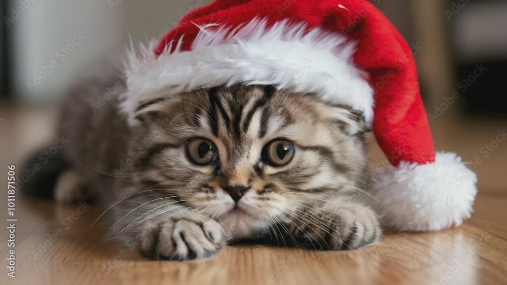 Cute kitten in a Santa hat with striking blue eyes poses against a festive Christmas background. Cute kitten in a Santa hat with striking blue eyes poses against a festive Christmas background.