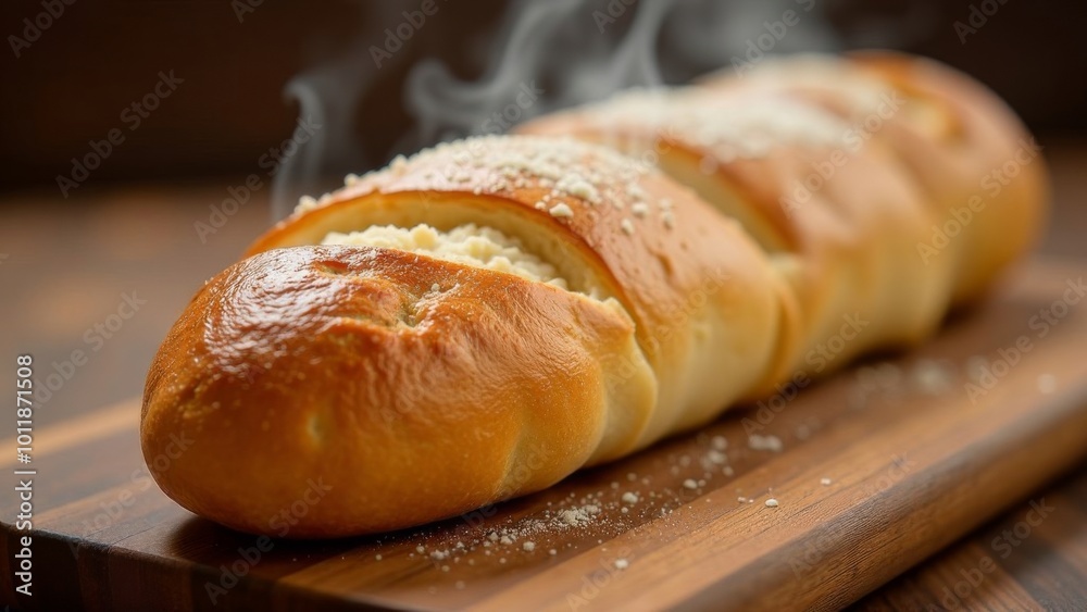 Freshly baked bread with steam on a wooden table. Freshly baked bread with steam on a wooden table.