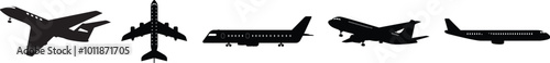 Silhouette of a black airplane on a white background. Top view, front view, side view. Illustration in vector format.