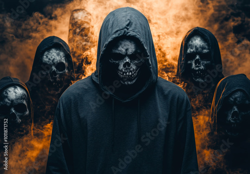 A hooded figure, wearing a dark black hoodie and a skull-face mask, stands amidst five other hooded figures