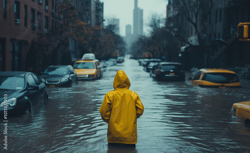 A person in a yellow raincoat standing in a flooded street surrounded by cars, on a rainy day. A person in a yellow raincoat standing in a flooded street surrounded by cars, on a rainy day.