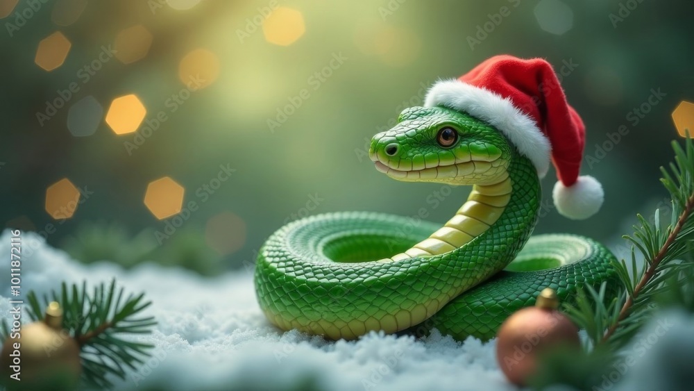 Fototapeta premium Green snake in Santa's hat in the snow.