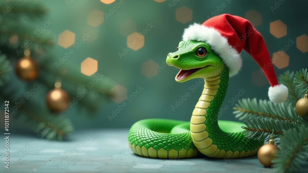 Green snake in Santa's hat in the snow. Green snake in Santa's hat in the snow.