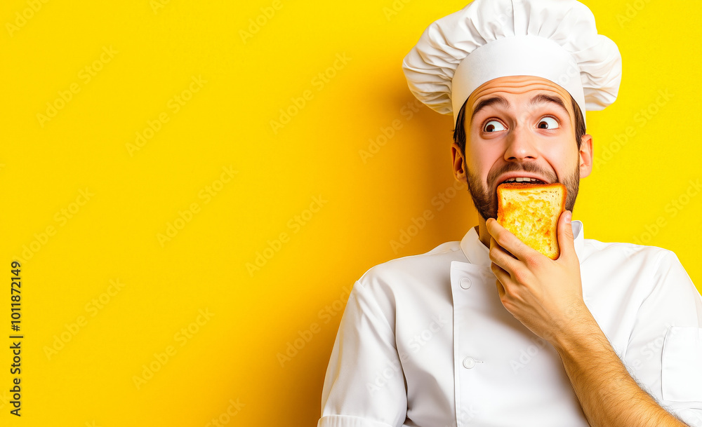 A male chef, wearing a white uniform and hat, is eating a piece of cheese on a yellow background. He's looking to the side with a funny expression. A male chef, wearing a white uniform and hat, is eating a piece of cheese on a yellow background. He's looking to the side with a funny expression.