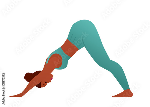 Downward Facing Dog Pose, Down Dog Pose, vector illustration of a Beautiful girl practice Adho mukha svanasana, Young attractive woman practicing yoga exercise. working out, black wearing sportswear