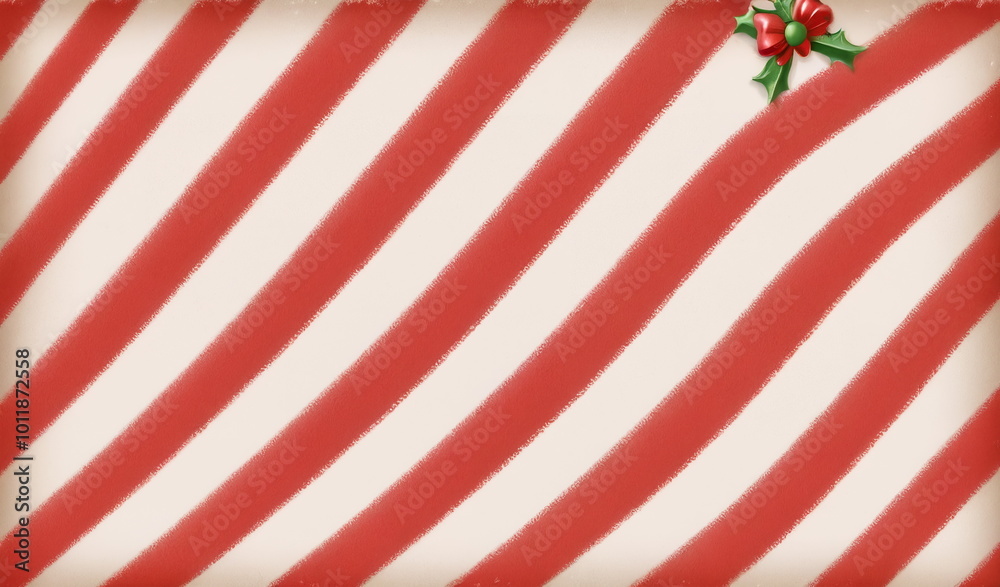 Obraz premium Christmas gift wrapping paper with diagonal red stripes and holly decoration