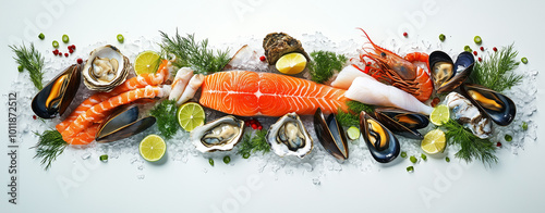 Fresh seafood on ice with lime and herbs. Seafood advertising banner. photo