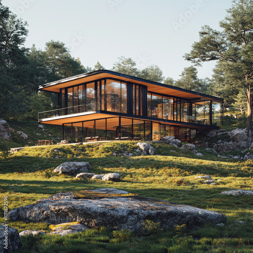 on a rocky square piece of grassy land sits a glass