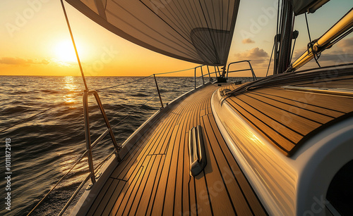 Sailing yacht at sunset, gliding smoothly over calm waters.