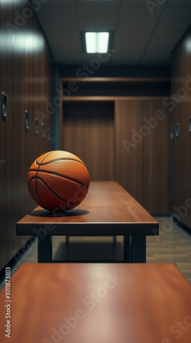 Orange basketball ball on wooden bench in locker room gym room Ultra realistic Photorealistic  Cinematic photography photo