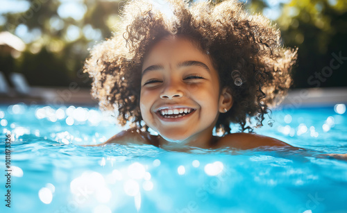 Smiling child swimming in a sunlit pool, enjoying a sunny day.